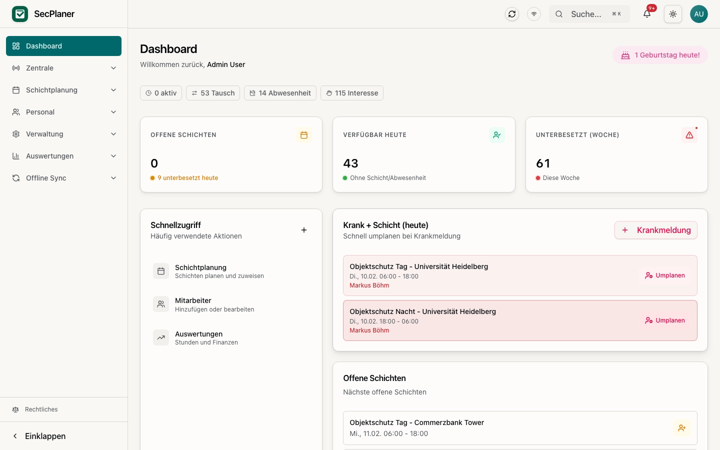 SecPlaner Admin Dashboard — Echtzeit-Übersicht aller Standorte
