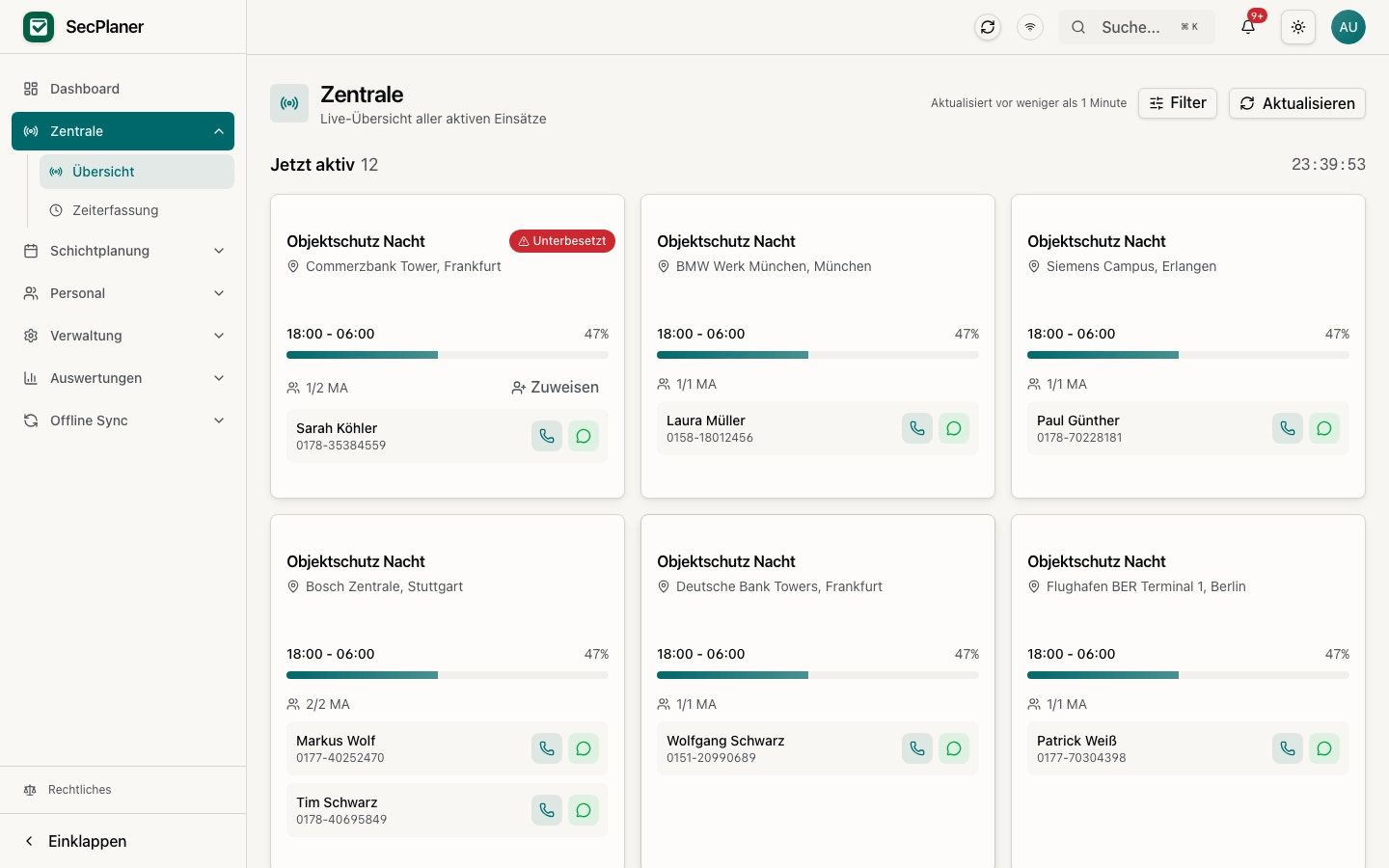 SecPlaner Live-Dashboard mit Standortübersicht