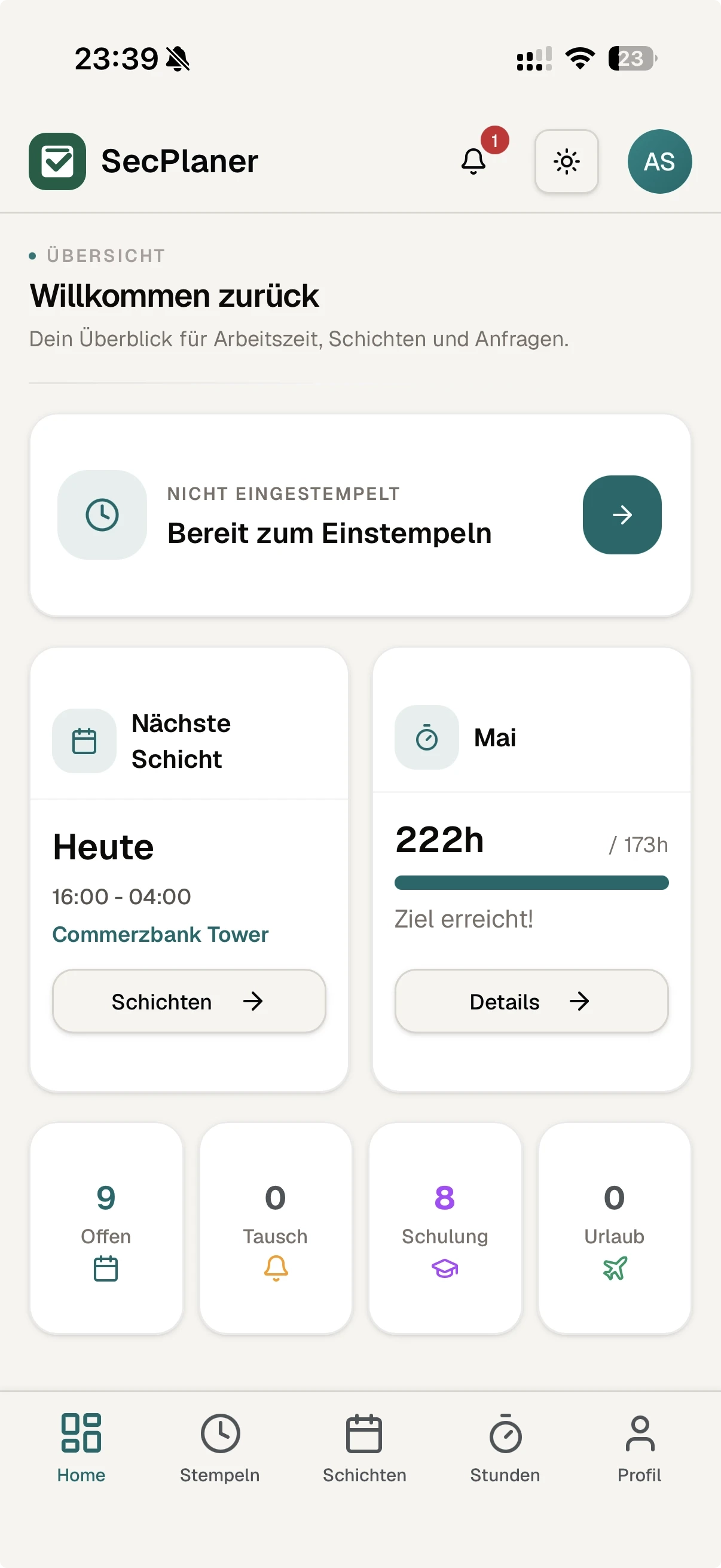 SecPlaner Mitarbeiter-App Startseite