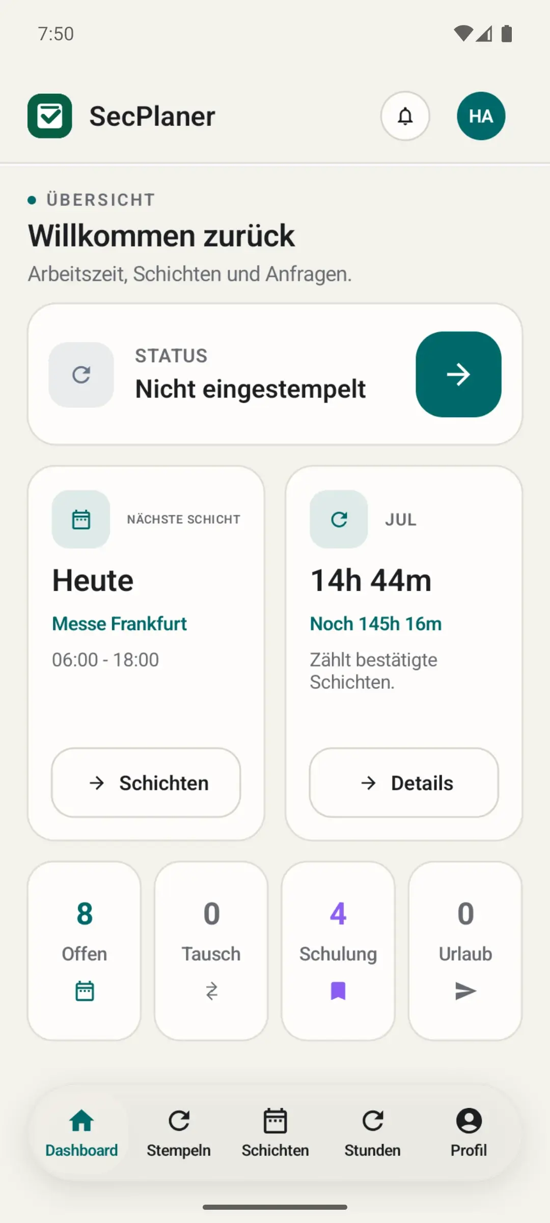 SecPlaner Mitarbeiter-Dashboard auf Android