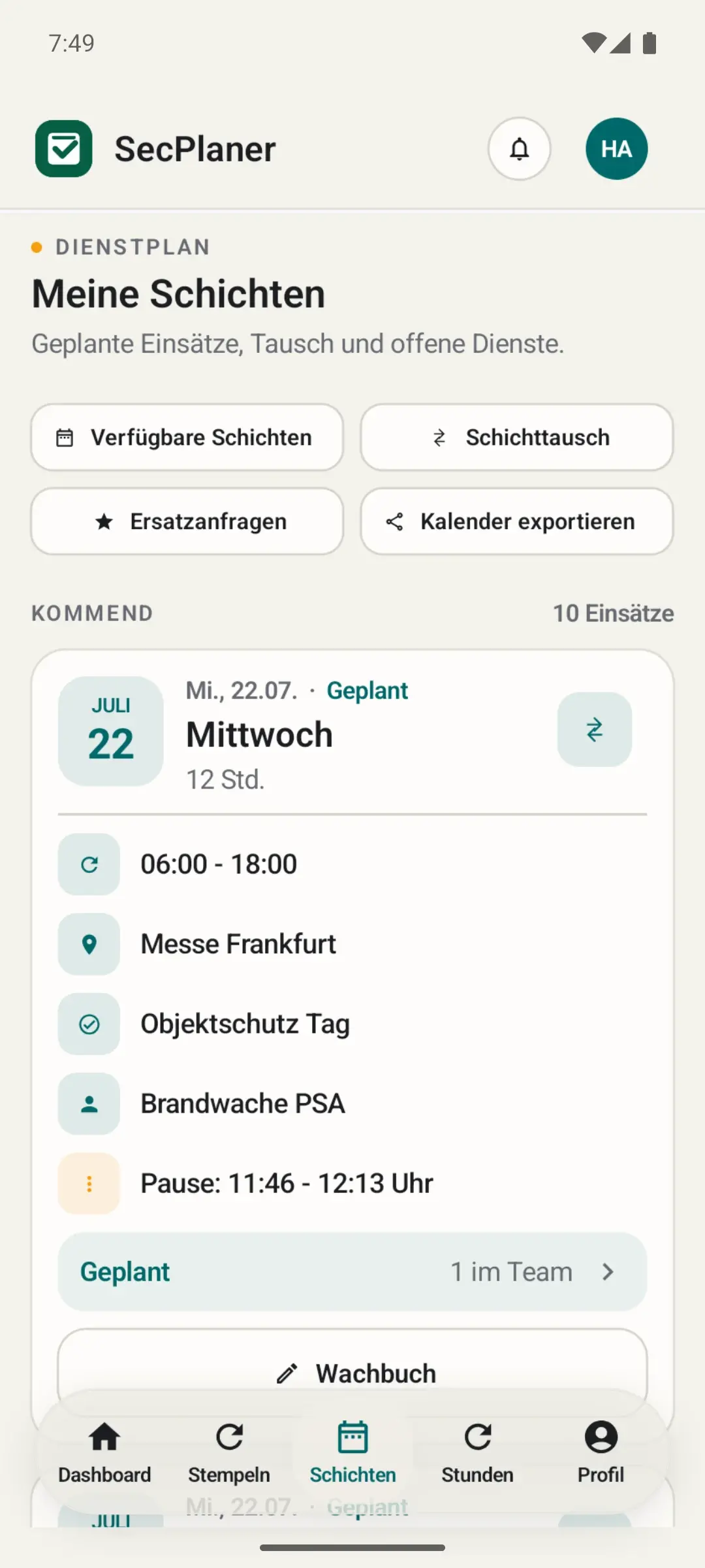 Persönliche Schichten in der Android-App