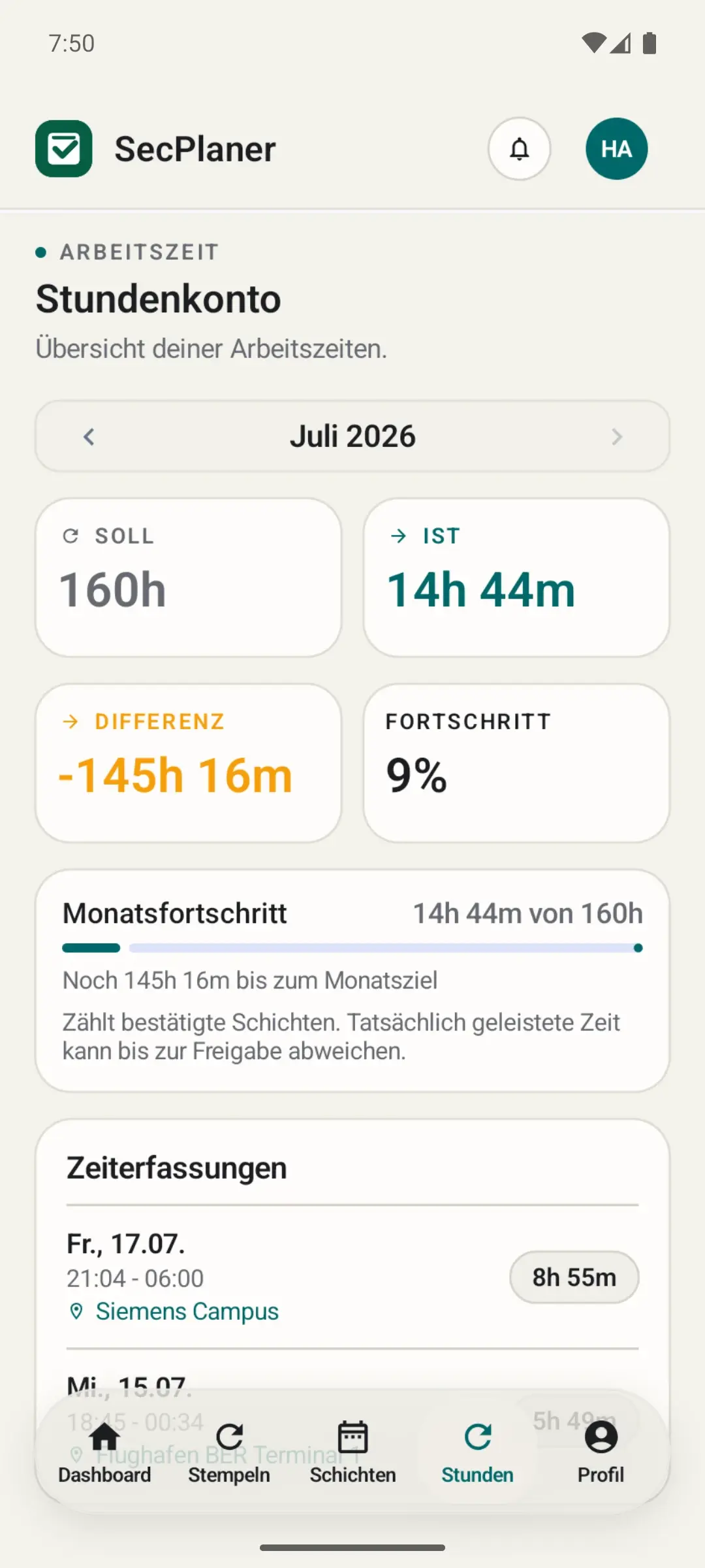 Persönliches Stundenkonto mit Monatsfortschritt in der SecPlaner Android-App
