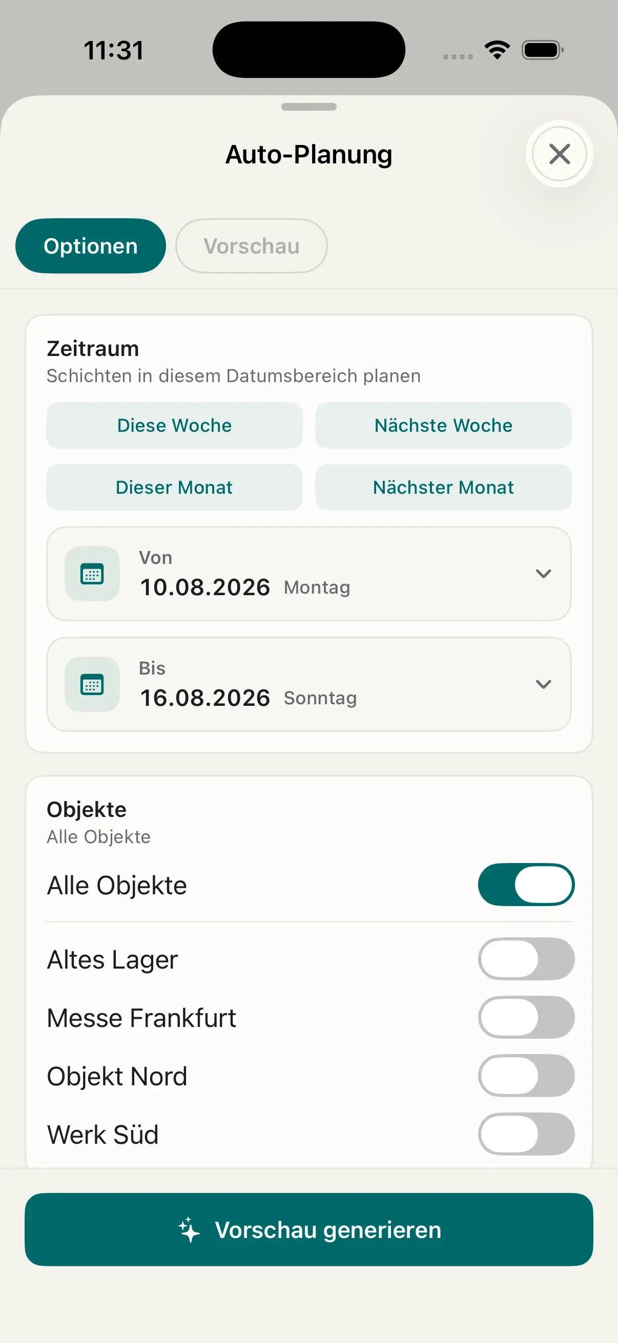 Optionen der automatischen Dienstplanung auf dem Smartphone