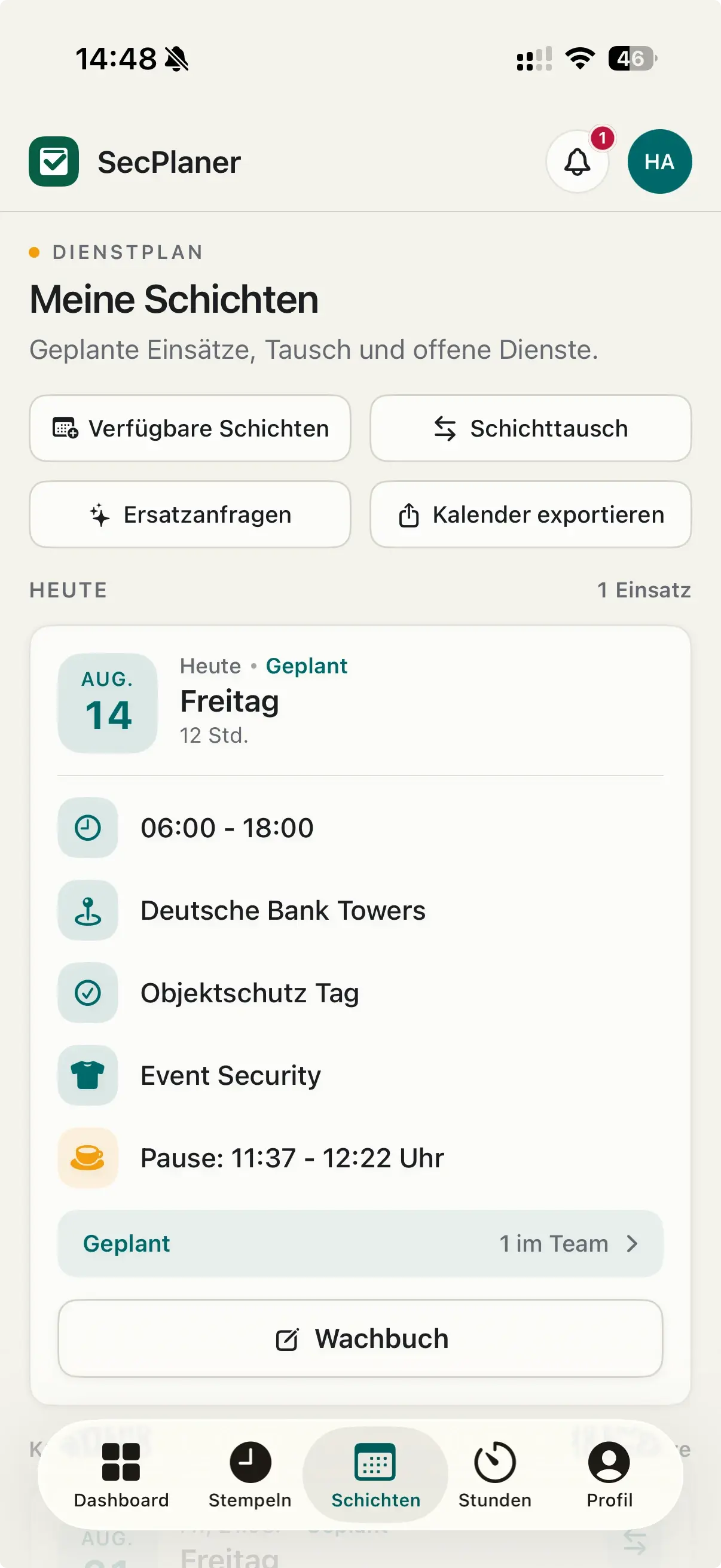 Persönliche Schichten mit Tausch, Ersatzanfragen und Kalenderexport in der SecPlaner App