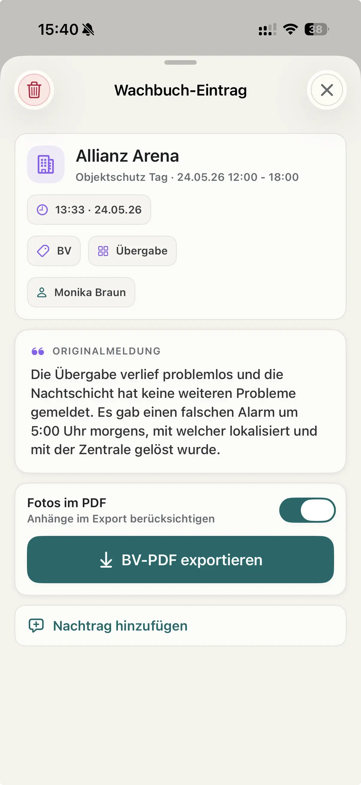 Wachbuch-Eintrag mit PDF-Export und Nachtrag auf dem iPhone