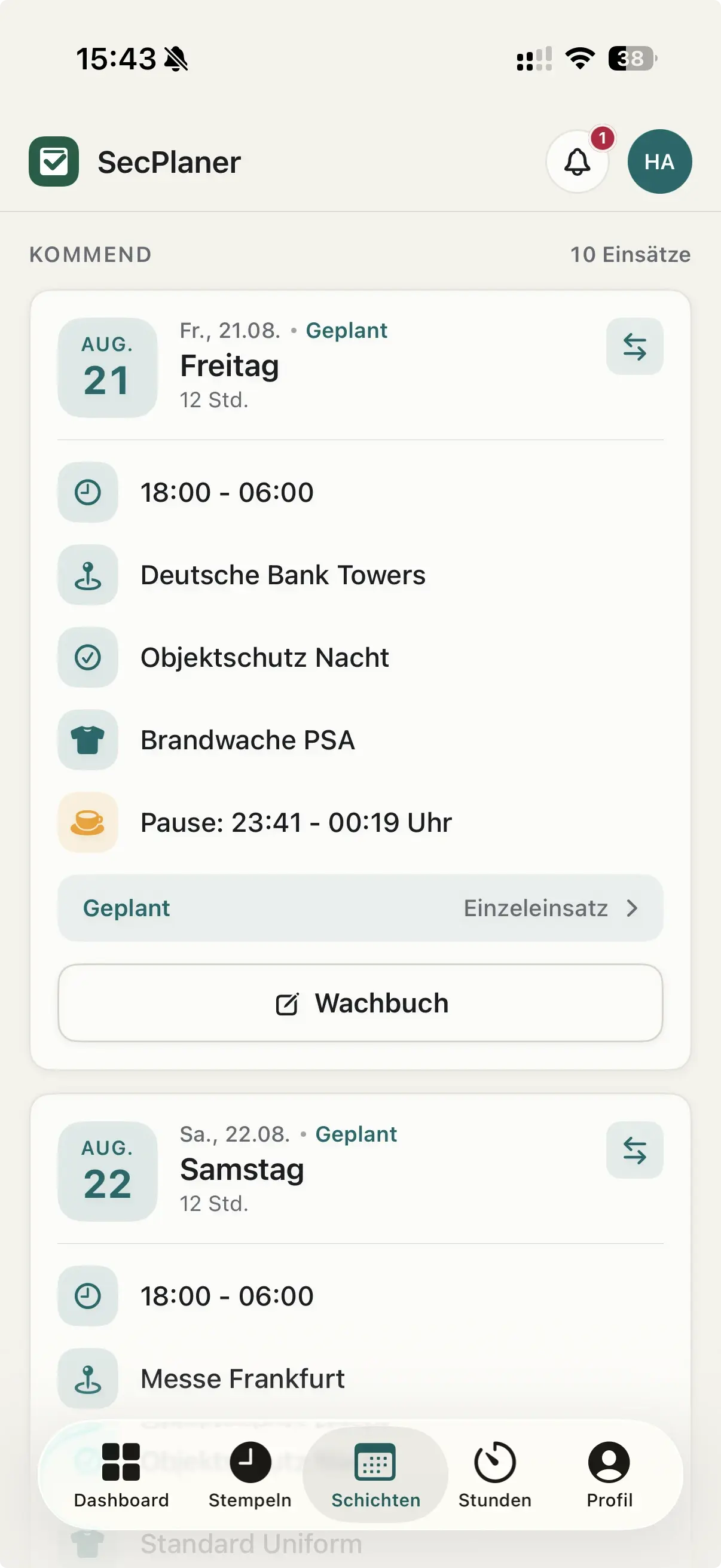 Persönlicher Dienstplan mit kommenden Einsätzen auf dem iPhone