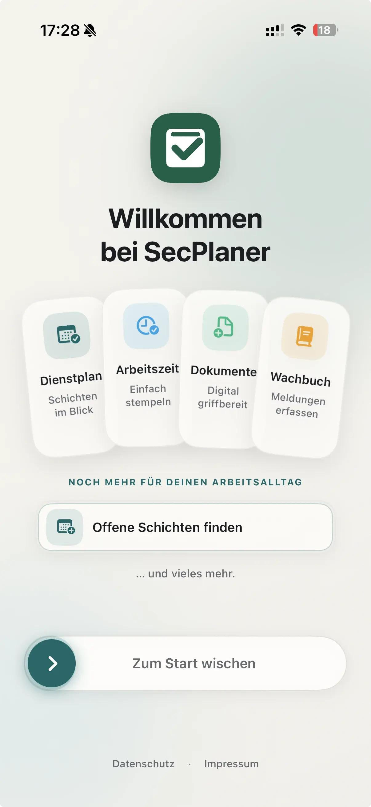 Willkommensansicht der SecPlaner Mitarbeiter-App auf dem iPhone