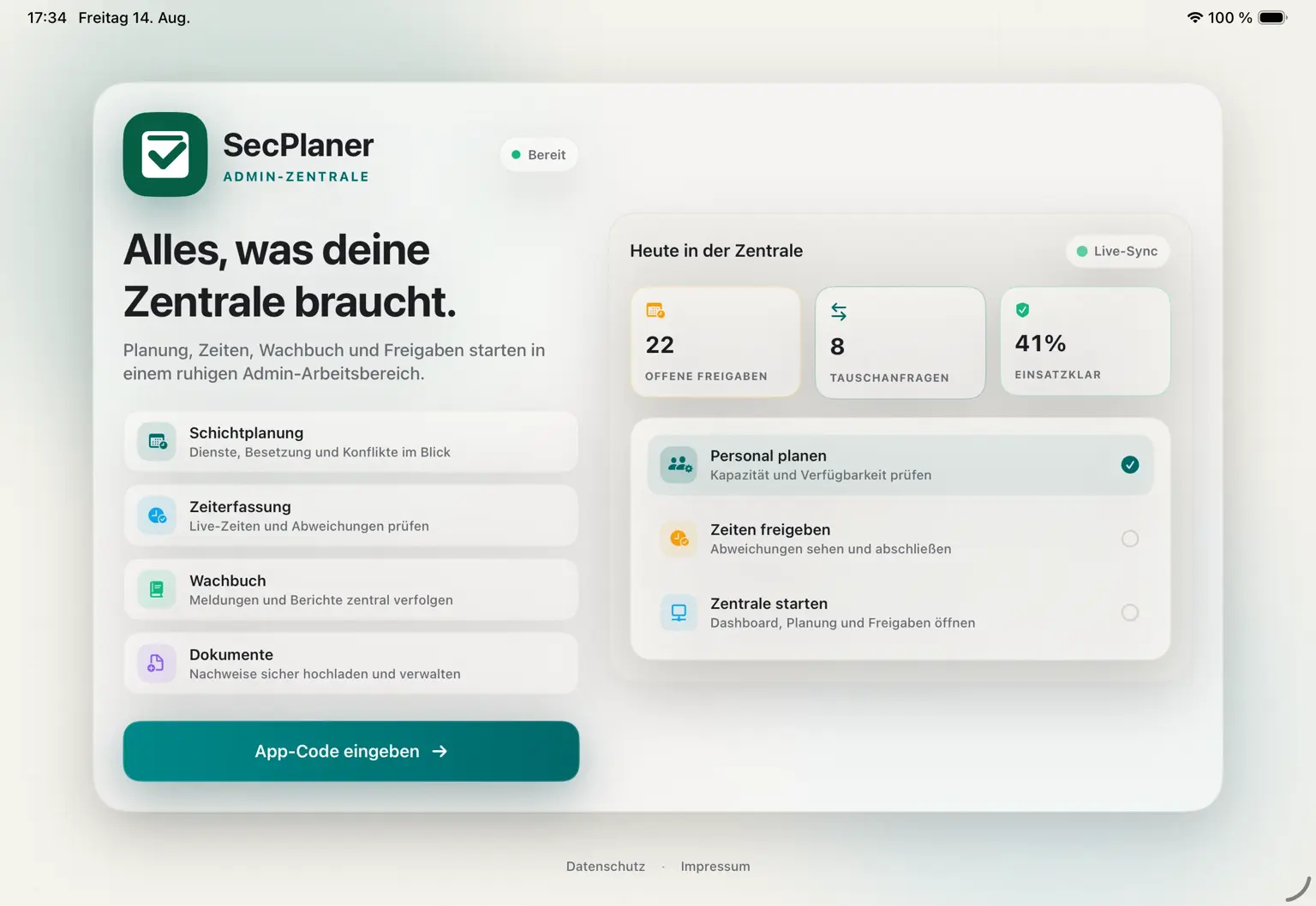 SecPlaner Dashboard auf einem iPad im Querformat