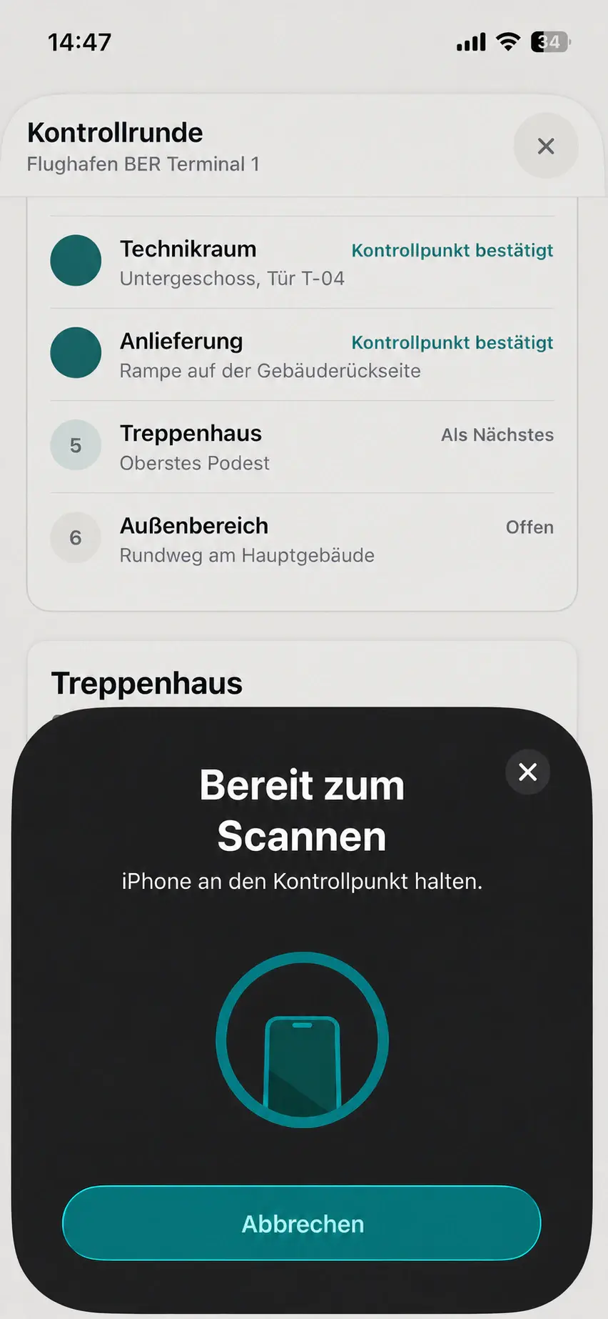 Kontrollrunde in der SecPlaner Mitarbeiter-App mit NFC-Bestätigung eines Kontrollpunkts