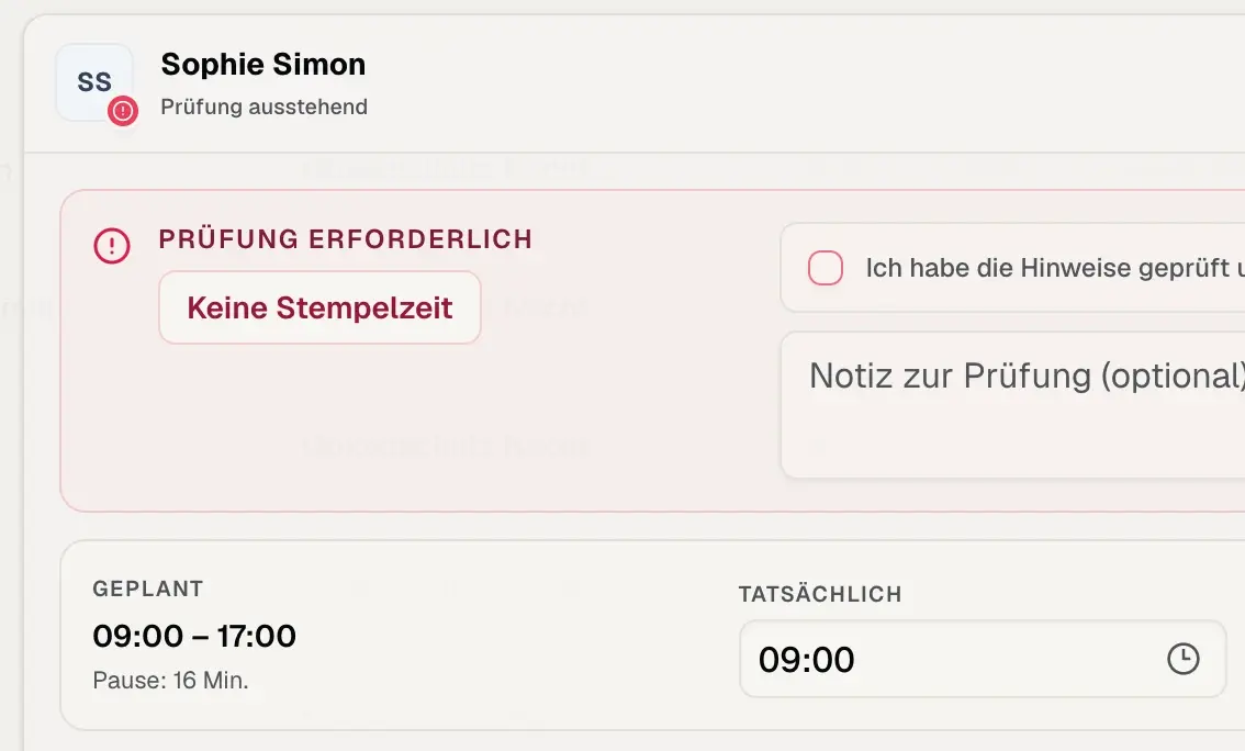 Prüfung einer fehlenden Stempelzeit vor der Freigabe des Leistungsnachweises