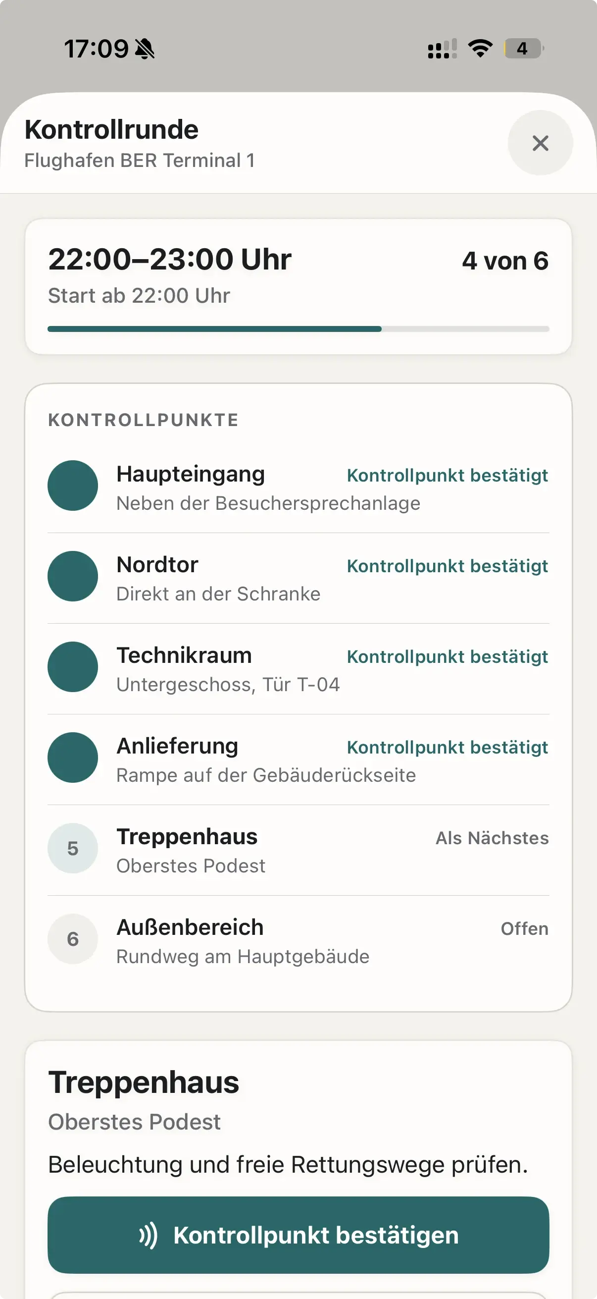 Kontrollrunde am Objektstopp Flughafen BER Terminal 1 mit bestätigten und offenen Kontrollpunkten