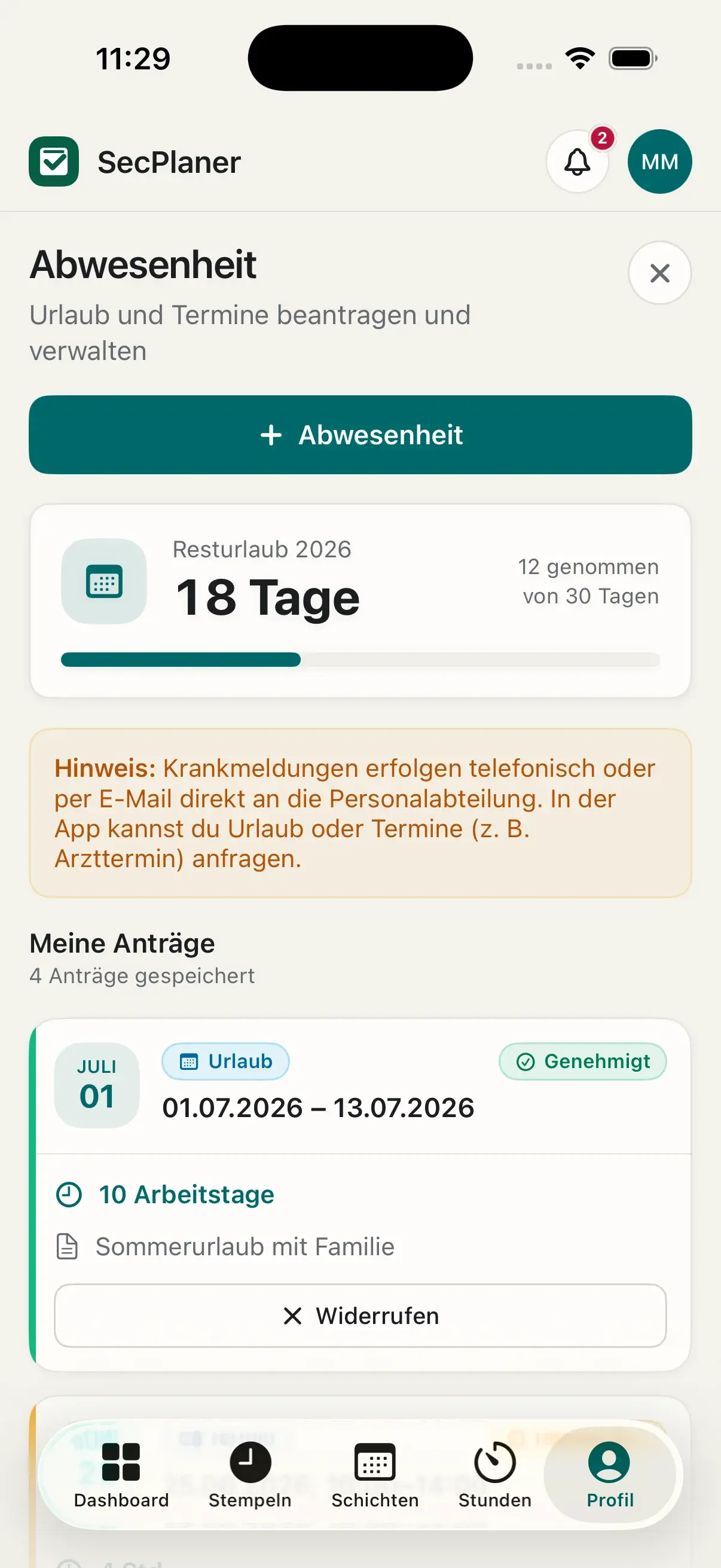 Urlaubskonto und persönliche Anträge in der App