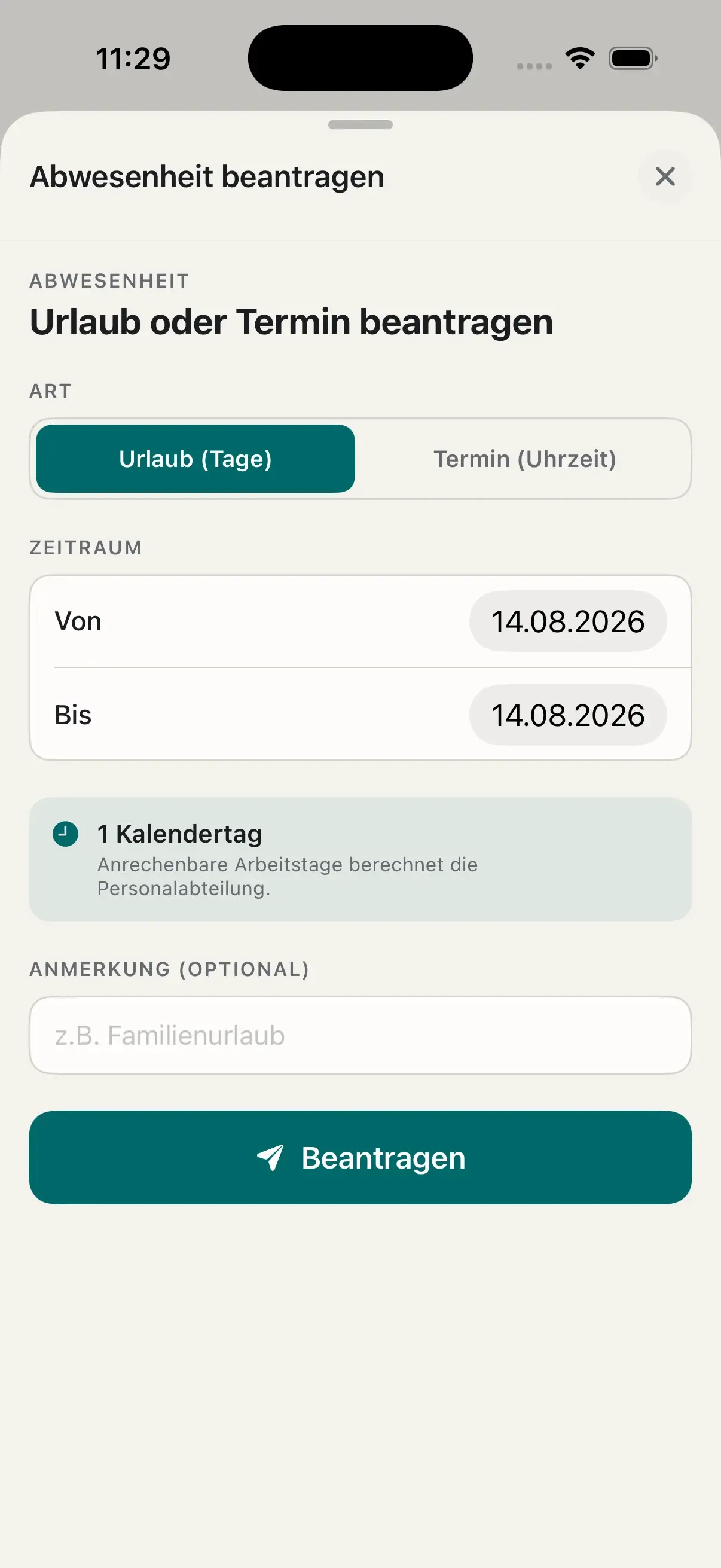 Urlaubsantrag in der SecPlaner Mitarbeiter-App