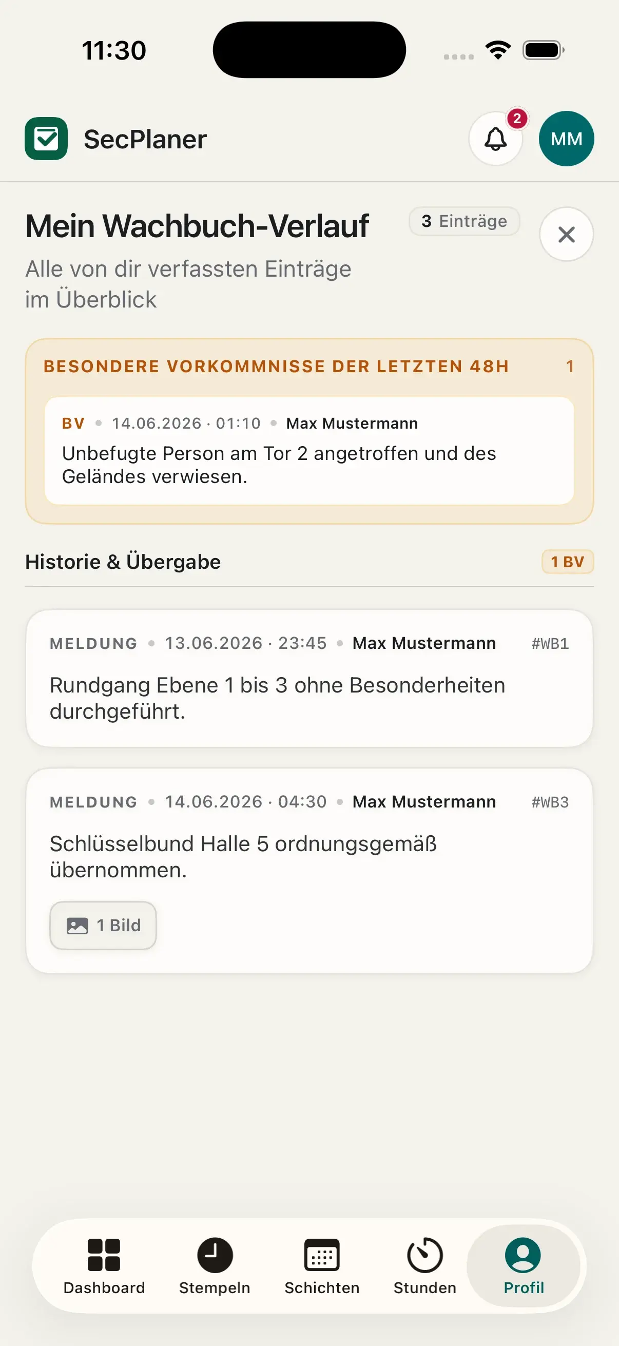 Persönlicher Wachbuchverlauf eines Mitarbeiters
