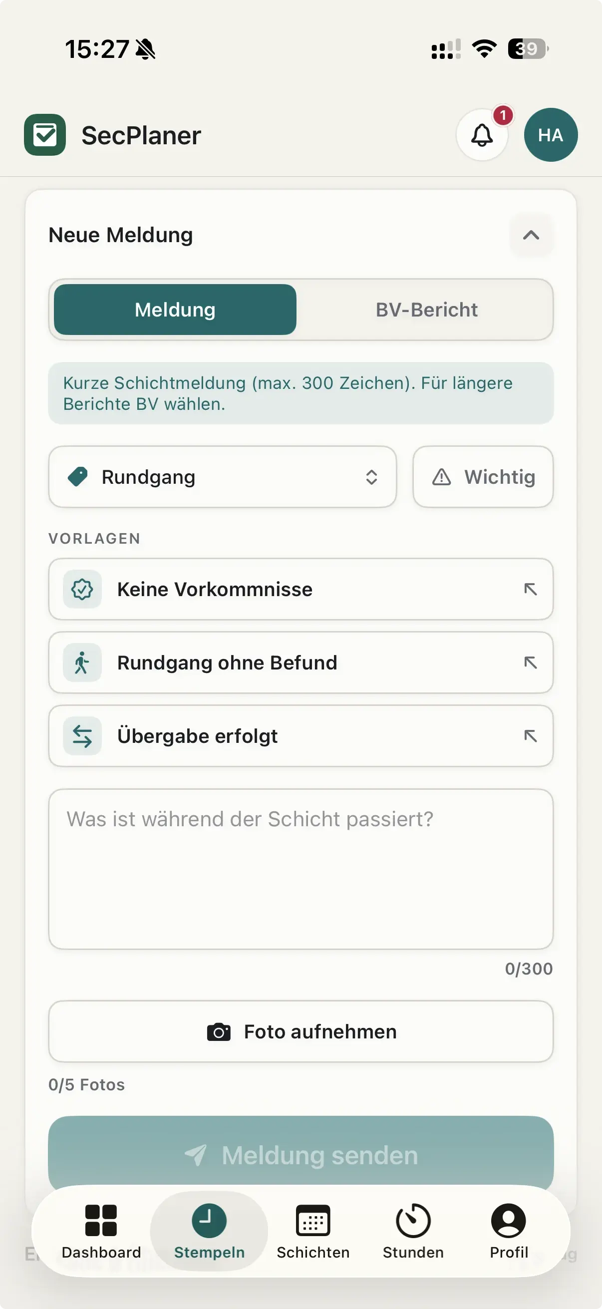 Neue Wachbuchmeldung in der Mitarbeiter-App