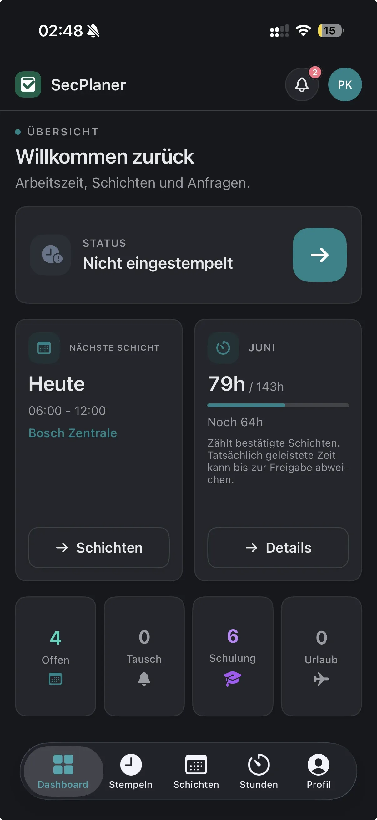 SecPlaner Mitarbeiter-App Startseite
