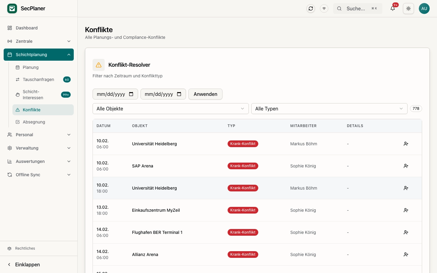SecPlaner Konfliktübersicht mit automatischer Erkennung