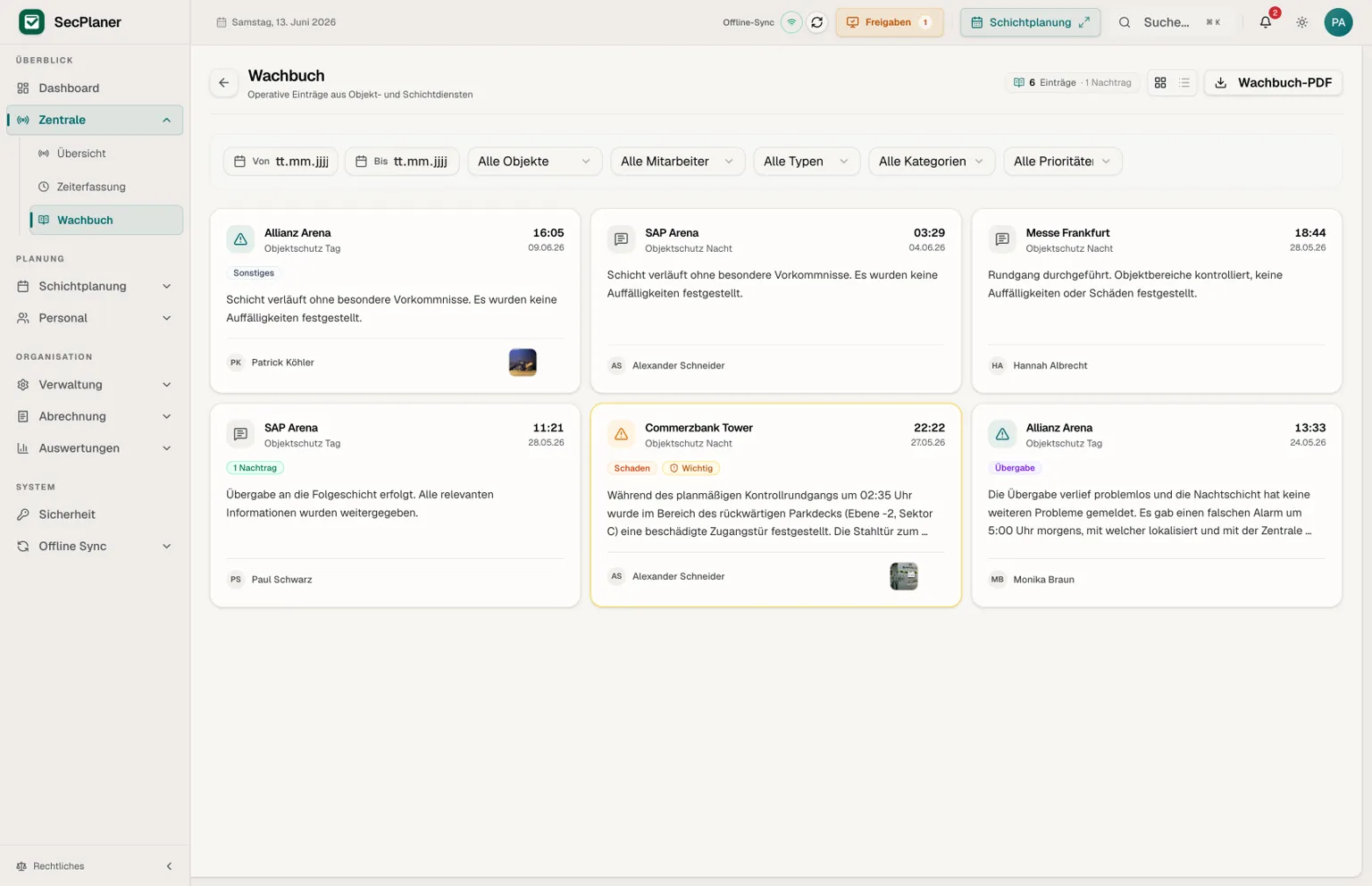 SecPlaner digitales Wachbuch mit Meldungen aus den Objekten