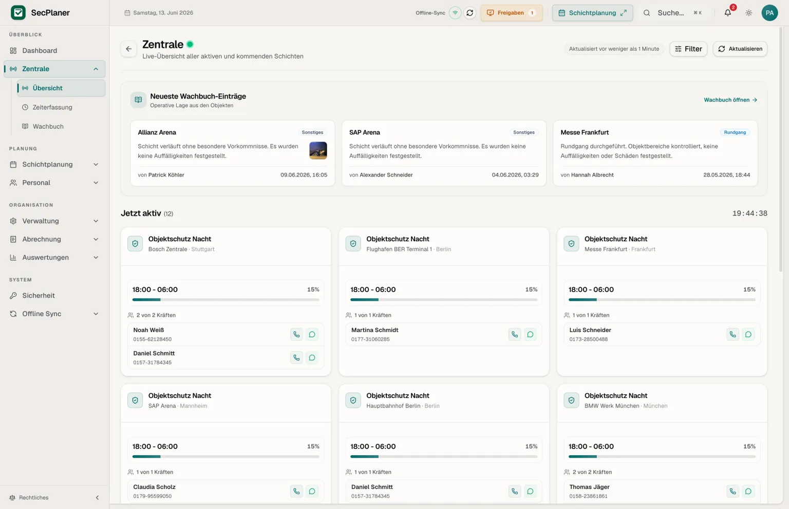 SecPlaner Tageslage mit Live-Zeiterfassung und Wachbuch