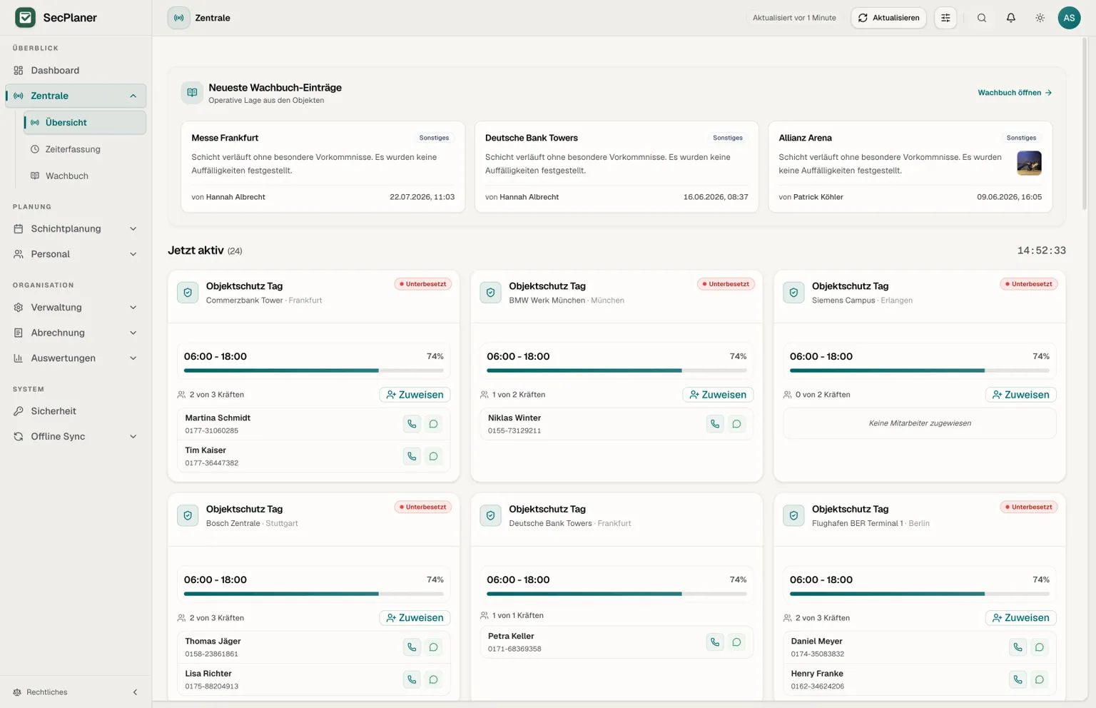 SecPlaner Tageslage mit Live-Zeiterfassung und Wachbuch