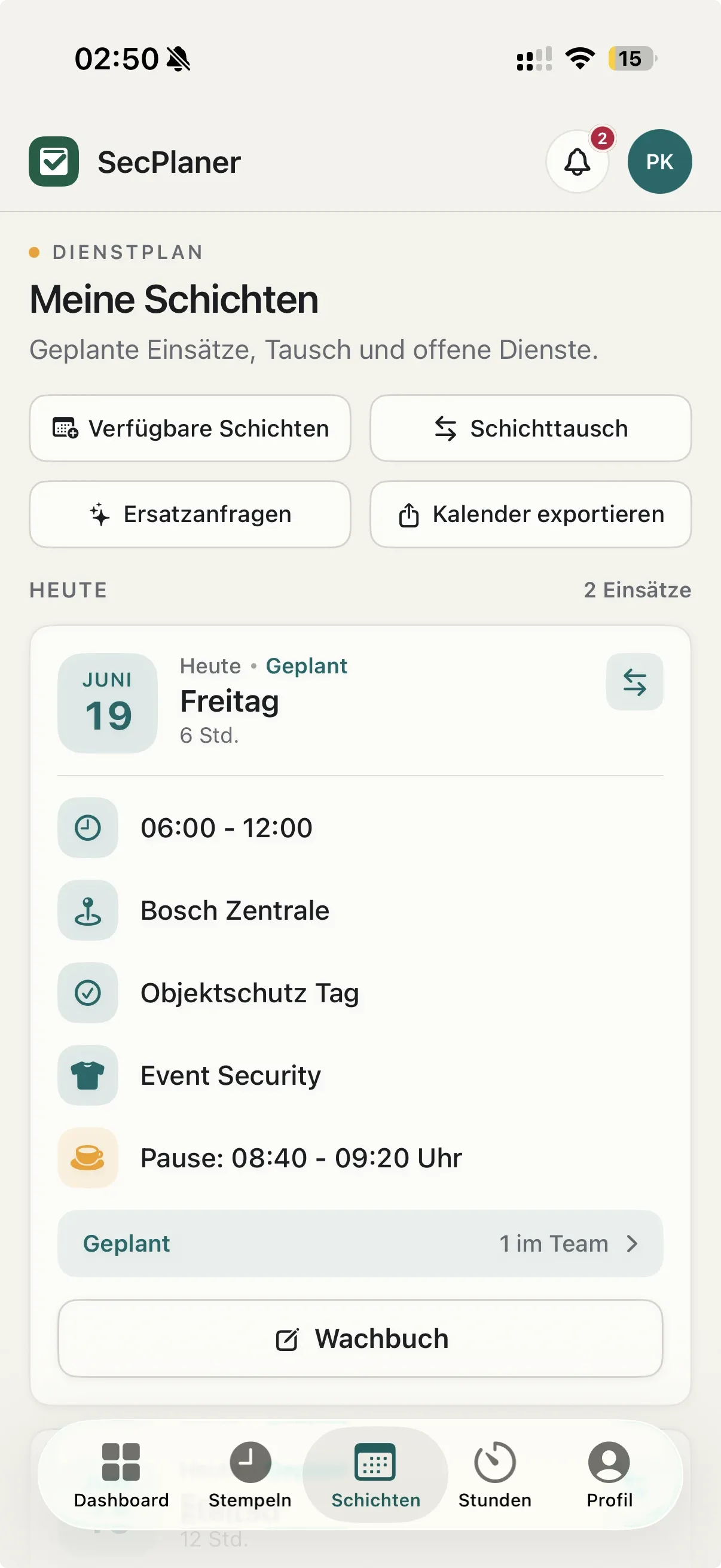 SecPlaner Mitarbeiter-App mit Dienstplan und Wachbuch