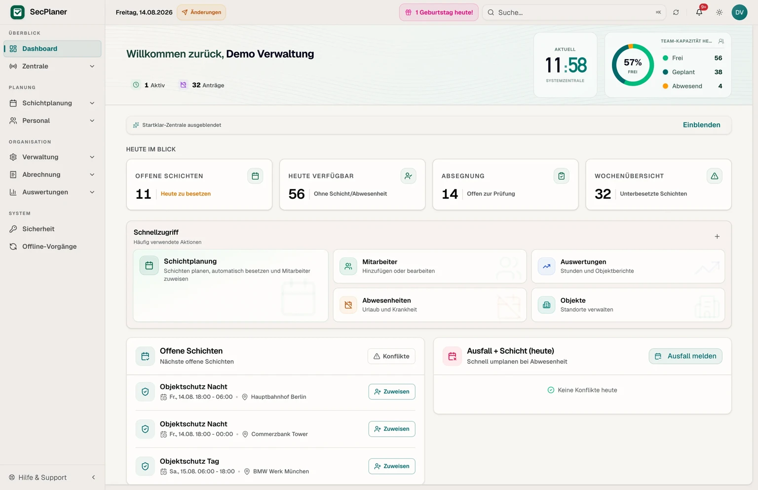 SecPlaner Cloud-Dashboard mit aktuellen Unternehmensdaten