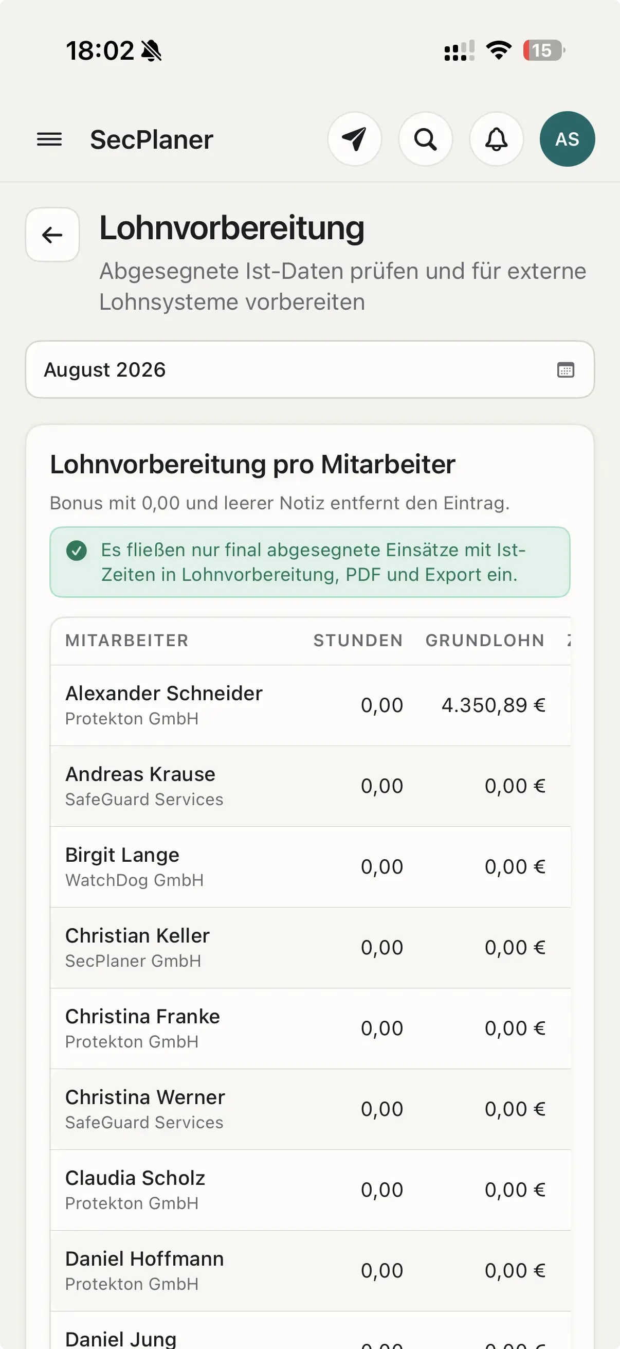 Lohnvorbereitung pro Mitarbeiter mit final freigegebenen Ist-Zeiten auf dem Smartphone