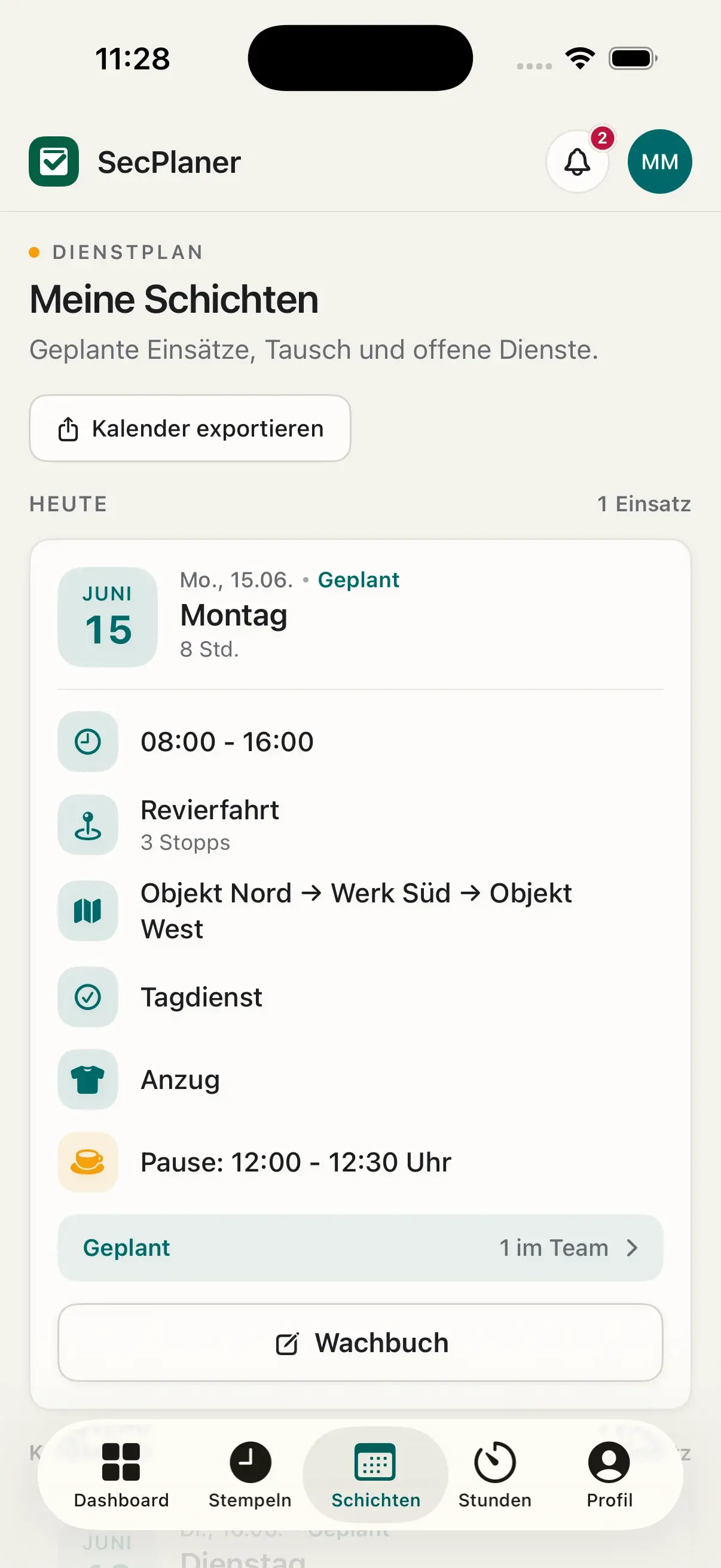 Persönlicher Dienstplan mit Schichtdetails