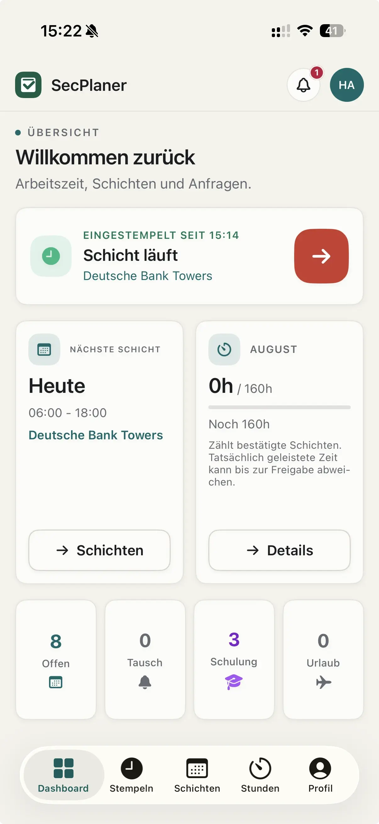 Mitarbeiter-Dashboard mit laufender Schicht und Monatsübersicht