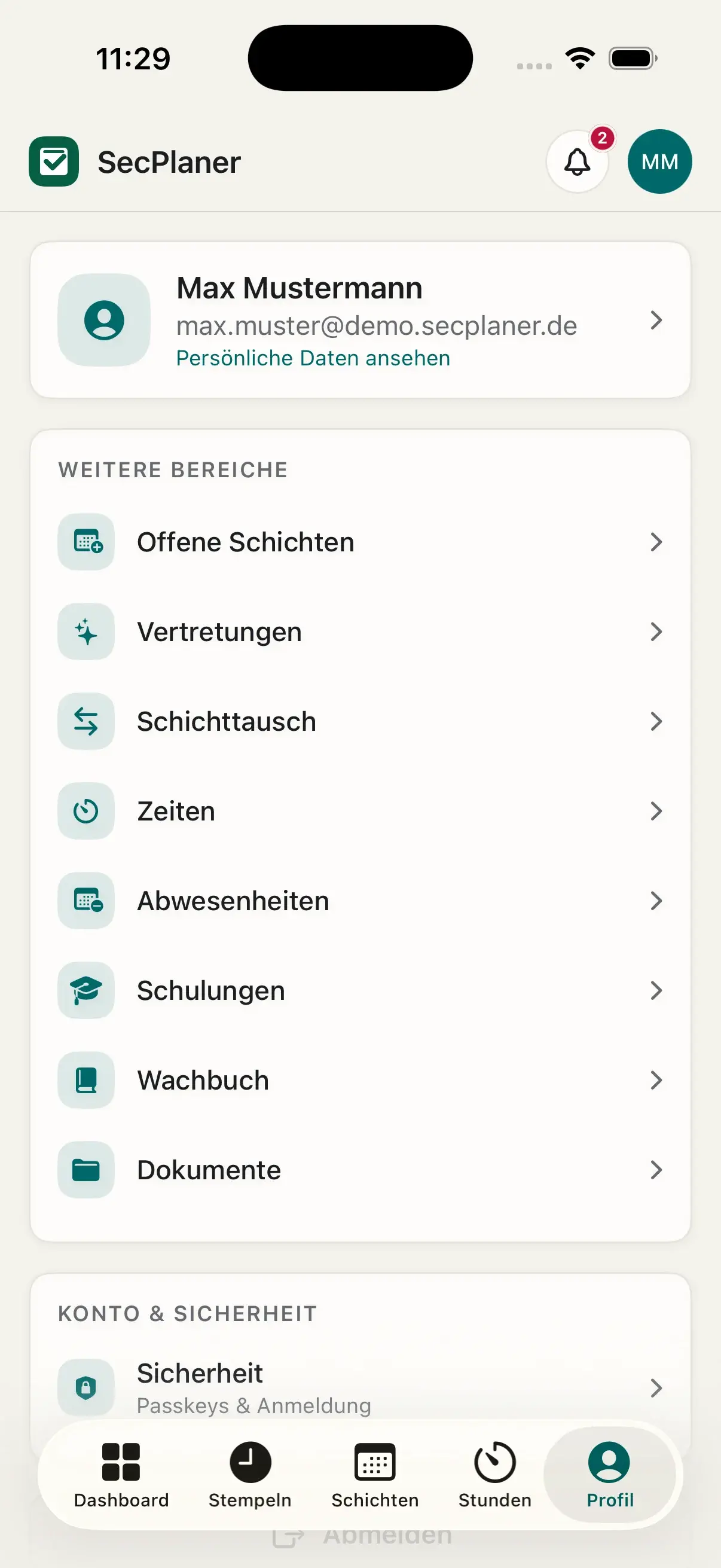 Mitarbeiterprofil mit persönlichen Modulen