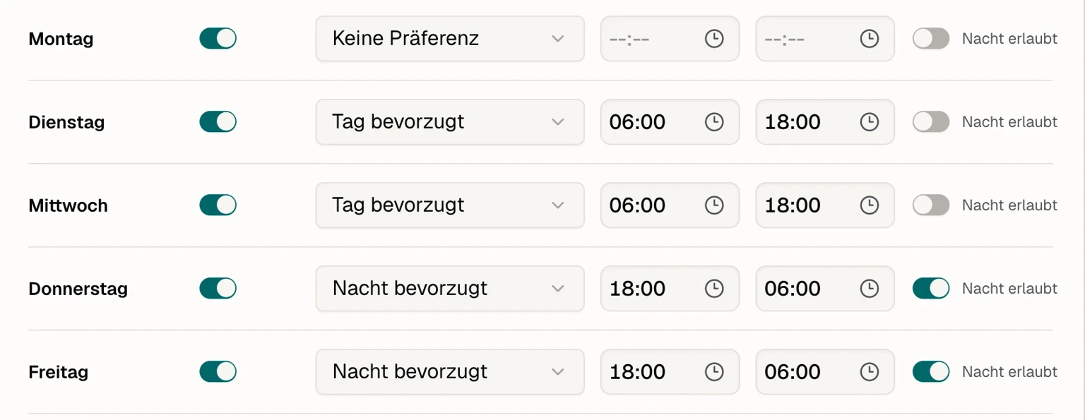 Verfügbare Einsatzzeiten, Schichtpräferenzen und Nachtfreigaben eines Mitarbeiters