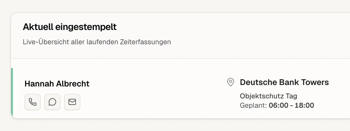 Aktuell eingestempelte Mitarbeiter mit Objekt und geplantem Dienst
