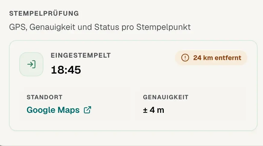 Stempelprüfung mit Standort, Genauigkeit und GPS-Abstand