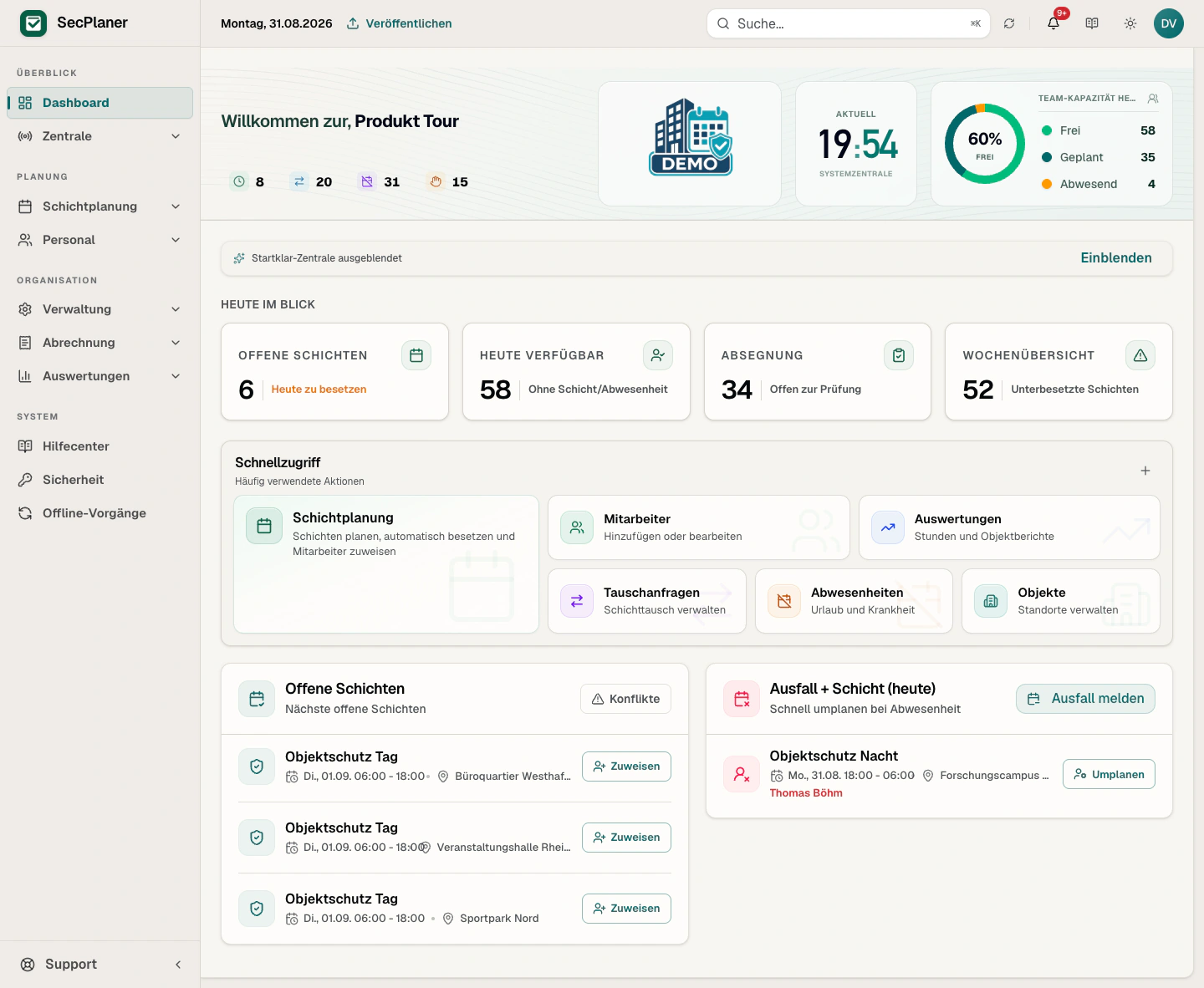 Dashboard & Schnellzugriffe